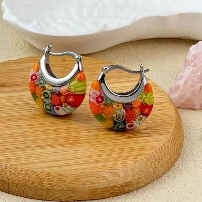 Murano Style Glass Hoop Earrings for Women Multicolored Dry Flower Moon Earrings Classic Stainless Steel Gift for Her2
