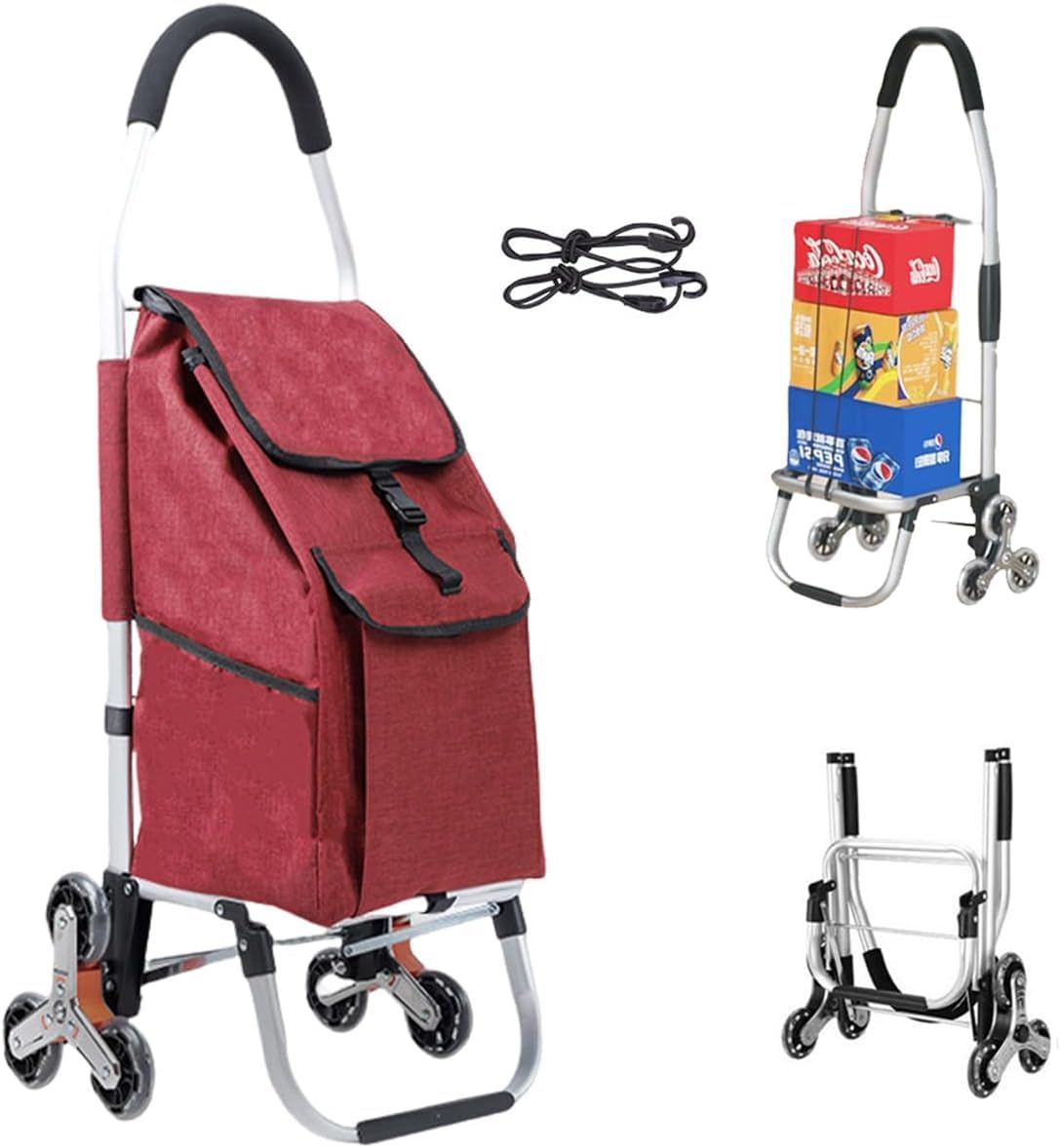 Shopping Trolley On 6 Wheels, Lightweight and Waterproof 2 in 1 Shopping Cart, Max Load 60kg Stair Climber Shopping (E:red)