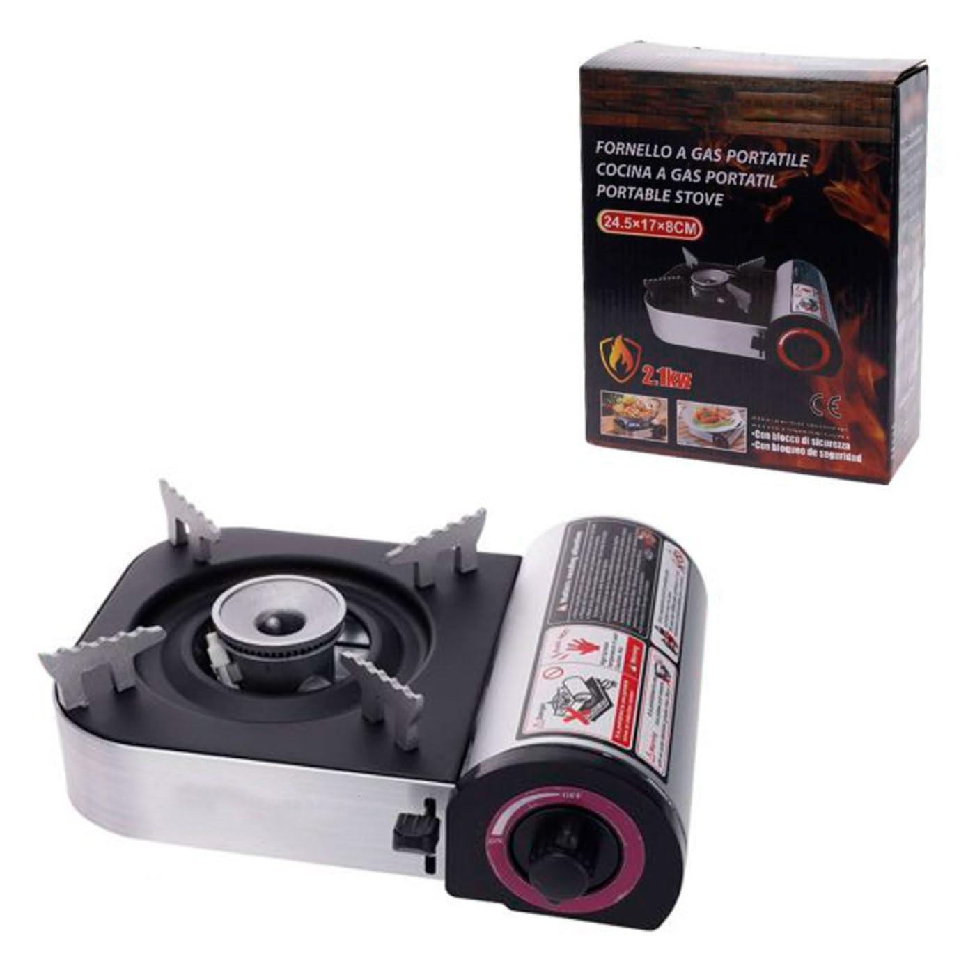 Tradineur - Cocina portátil a gas con un hornillo, 2100 W, bloqueo de seguridad, compatible con cartucho MSF-1A, camping, jardín, apagón - 24,5 x 17 x 8 cm