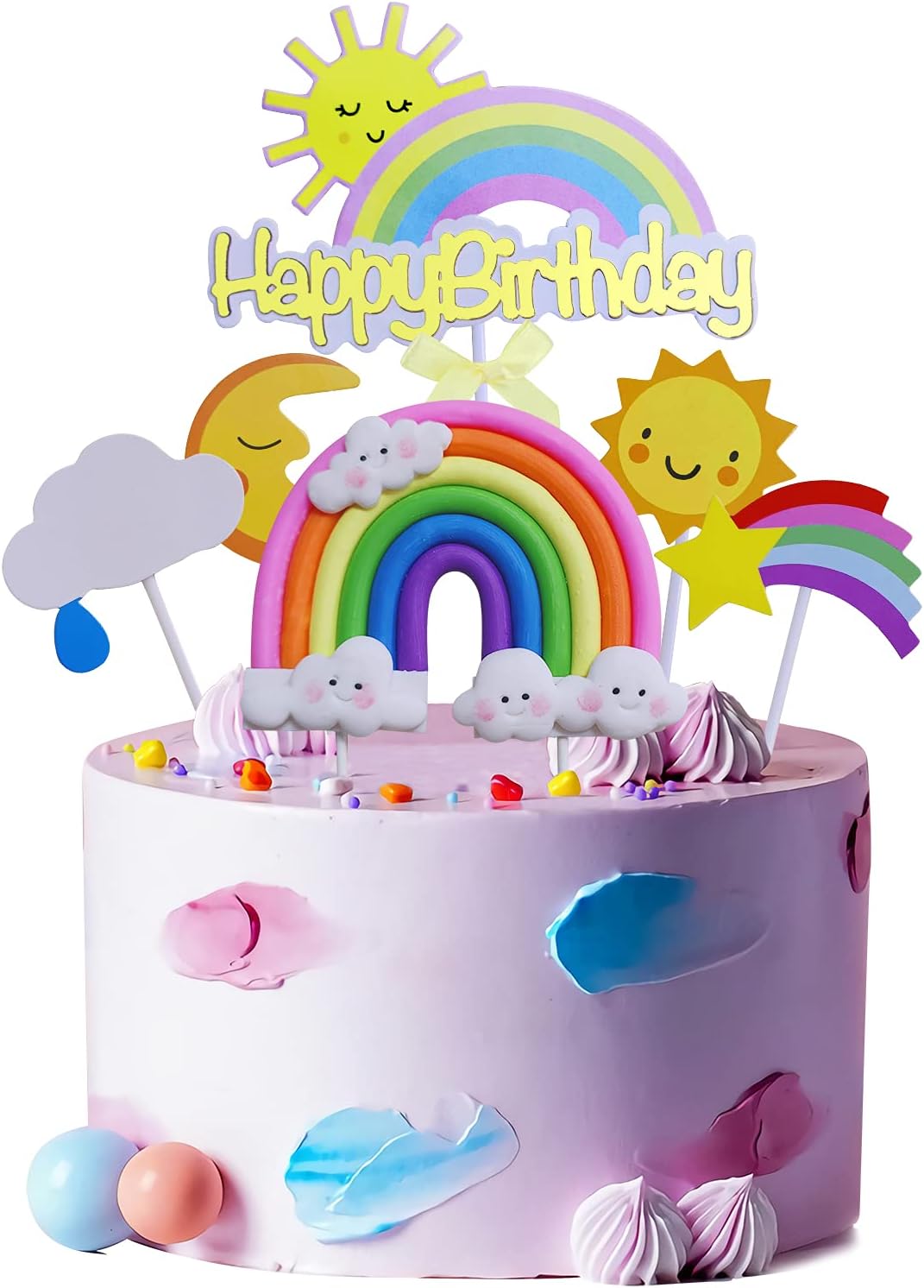 18 PCS DIY Happy Birthday Cake Toppers Set Clay Rainbow Sun Moon Cloud Star Cake Toppers