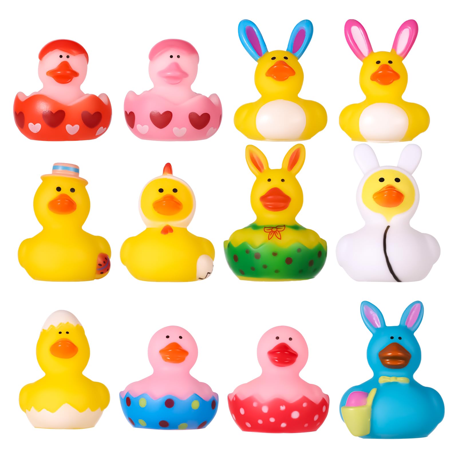 12pcs Easter Rubber Duckies Toys, Novelty Assorted Rubber Ducks Funny Squeaky Duckies 12 Designs Kids Bath Duck Toys Easter Basket Stuffing Gifts for Filling Easter Egg Hunt Party Favors
