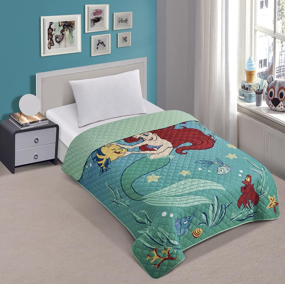 Jay Franco Ariel Little Mermaid Twin Quilted Bedspread Sun-kissed, Blue