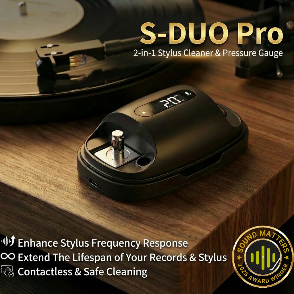 HumminGuru S-DUO Pulitore ad ultrasuoni per aghi per dischi + misuratore di pressione dello stilo (2-in-1) Bilancia digitale per la forza dello stilo per cartucce MM MC (Nero: S-DUO Pro)