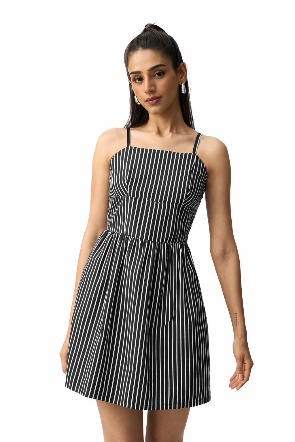 The Souled Store Corset Stripe Dress: Noir Women and Girls Sleeveless Square Neck Black and White Striped Cotton Regular Fit Lightweight Everyday Dress in black