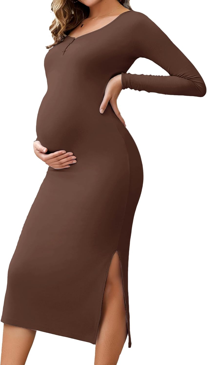 Womens Maternity Dress Split Long Sleeve Bodycon Henley Collar Wedding Guest Midi Slit Pregnancy Dresses