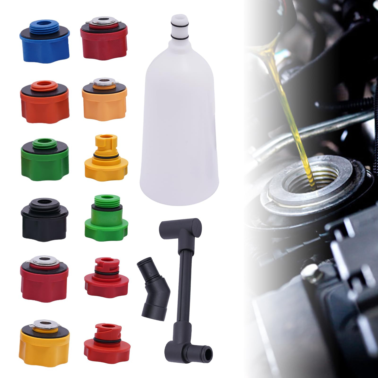 15 piezas embudo de llenado de aceite para motor, juego de embudo de aceite con embudo de aceite, tubo de extensión, 12 adaptadores para aceite de motor y kit adaptador, embudo de capacidad 2 L