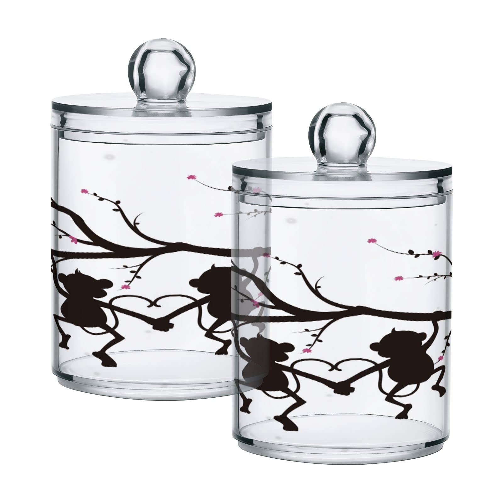 Kigai Silueta de árbol mono Qtip soporte dispensador de hisopo de algodón, tarro de boticario transparente de plástico, tarro de almacenamiento de cocina para decoración del hogar, 2 unidades