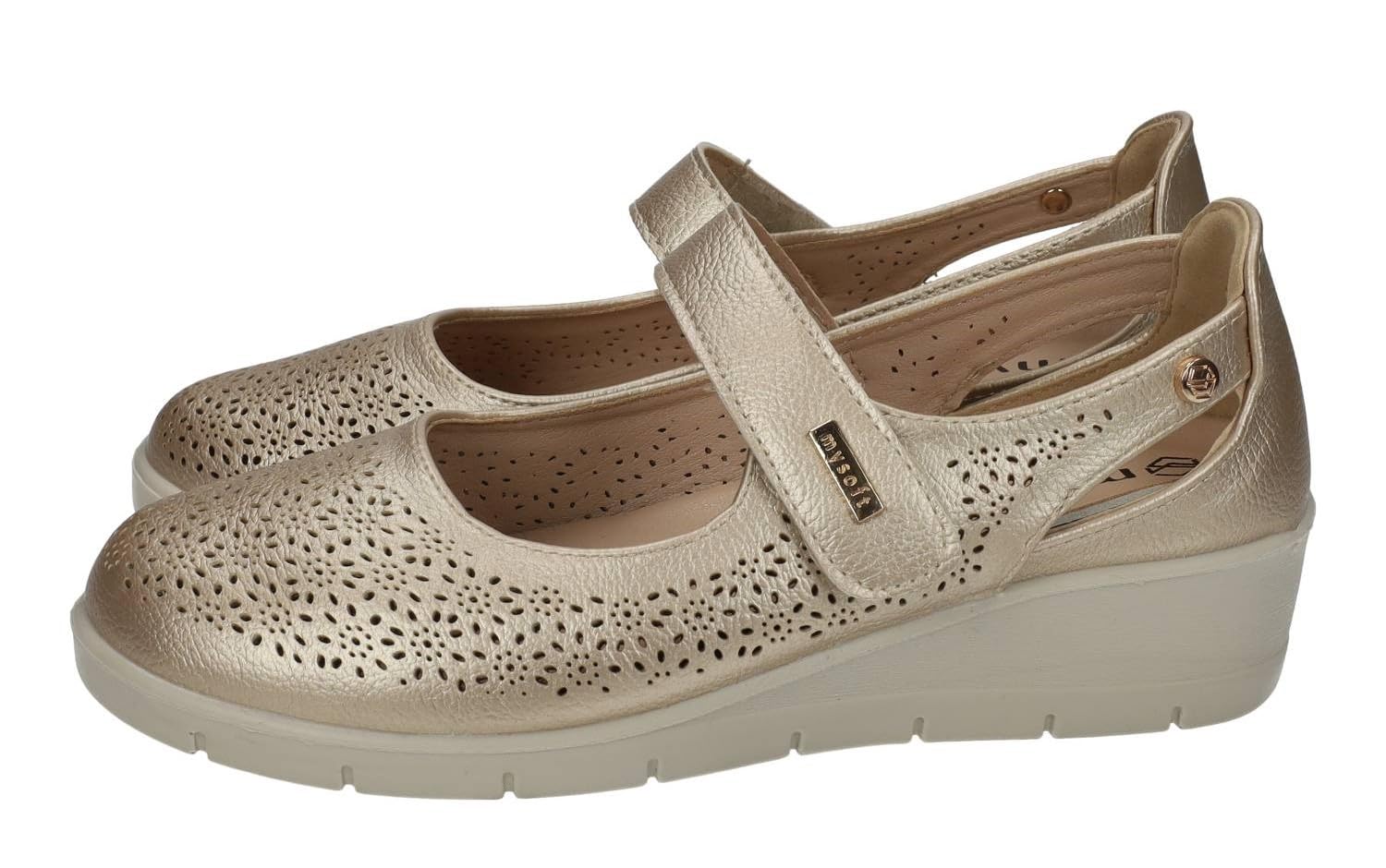 mysoft 25M208 Manoletinas Mujer Platino con Diseño Calado y Cinta Textil Adhesiva Mujer Manoletinas