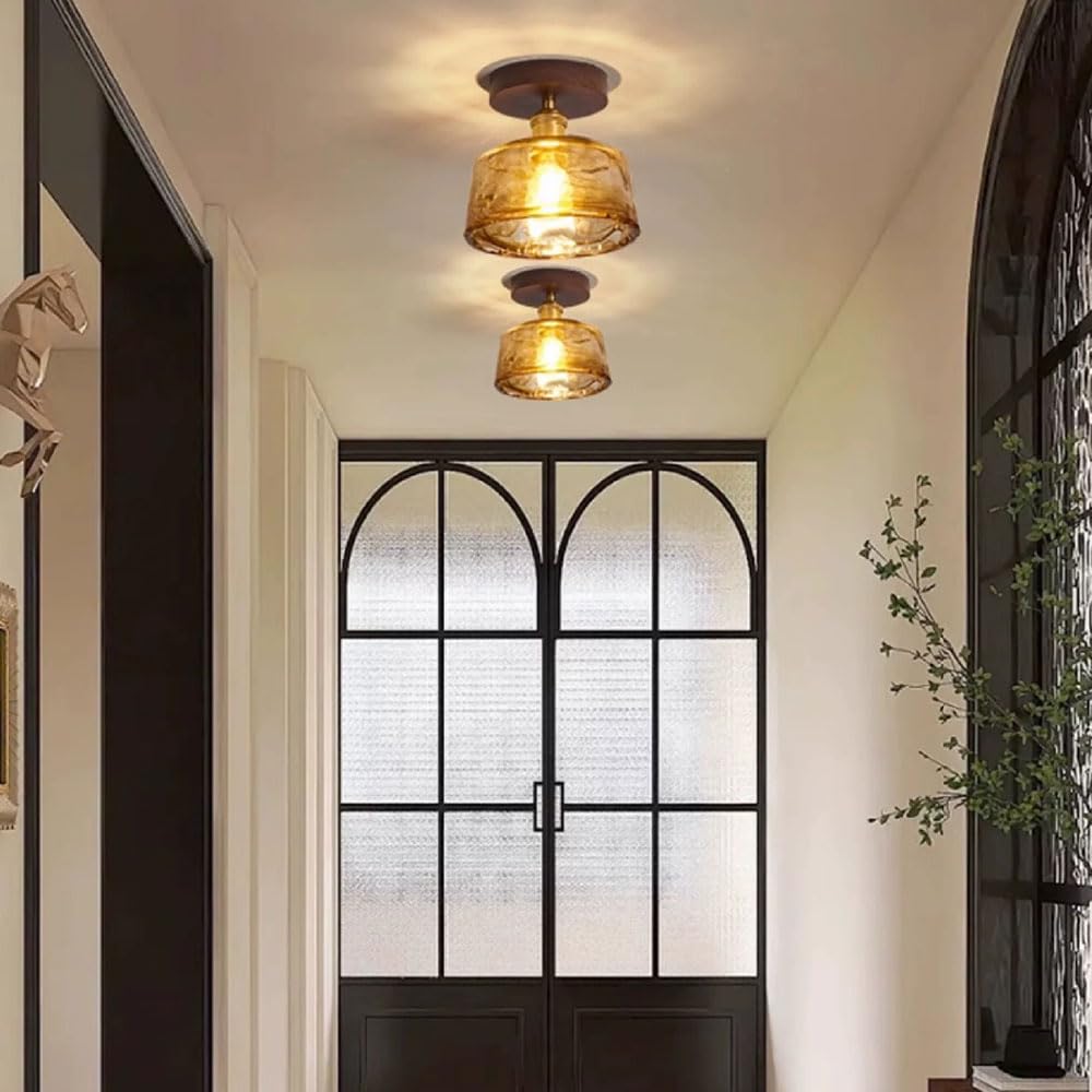 Półwpuszczana lampa sufitowa w stylu chińskim w stylu vintage z abażurem ze szkła burszowego i drewnianą ramą. Wykończenie z mosiądzu i klosz o wymiarach 16,8 cm (6,6 cala). Idealny do kuchni