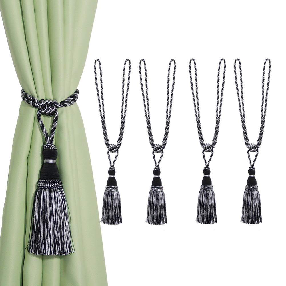 Tassel Curtain Tiebacks， Braided Rope Curtain Tiebacks With Tassels, Multicolor, 2/4 Pcs(Mix Black,4pcs)