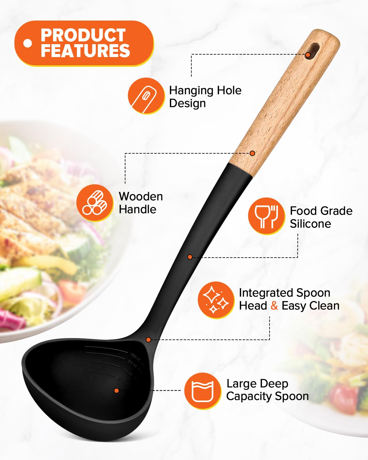 Juego de tenedor y cucharón para pasta, perfecto para servir sopa caliente, remover y pasta de salsa, silicona mate sin BPA, cuchara de espaguetis con mango de madera para superficies de cocción