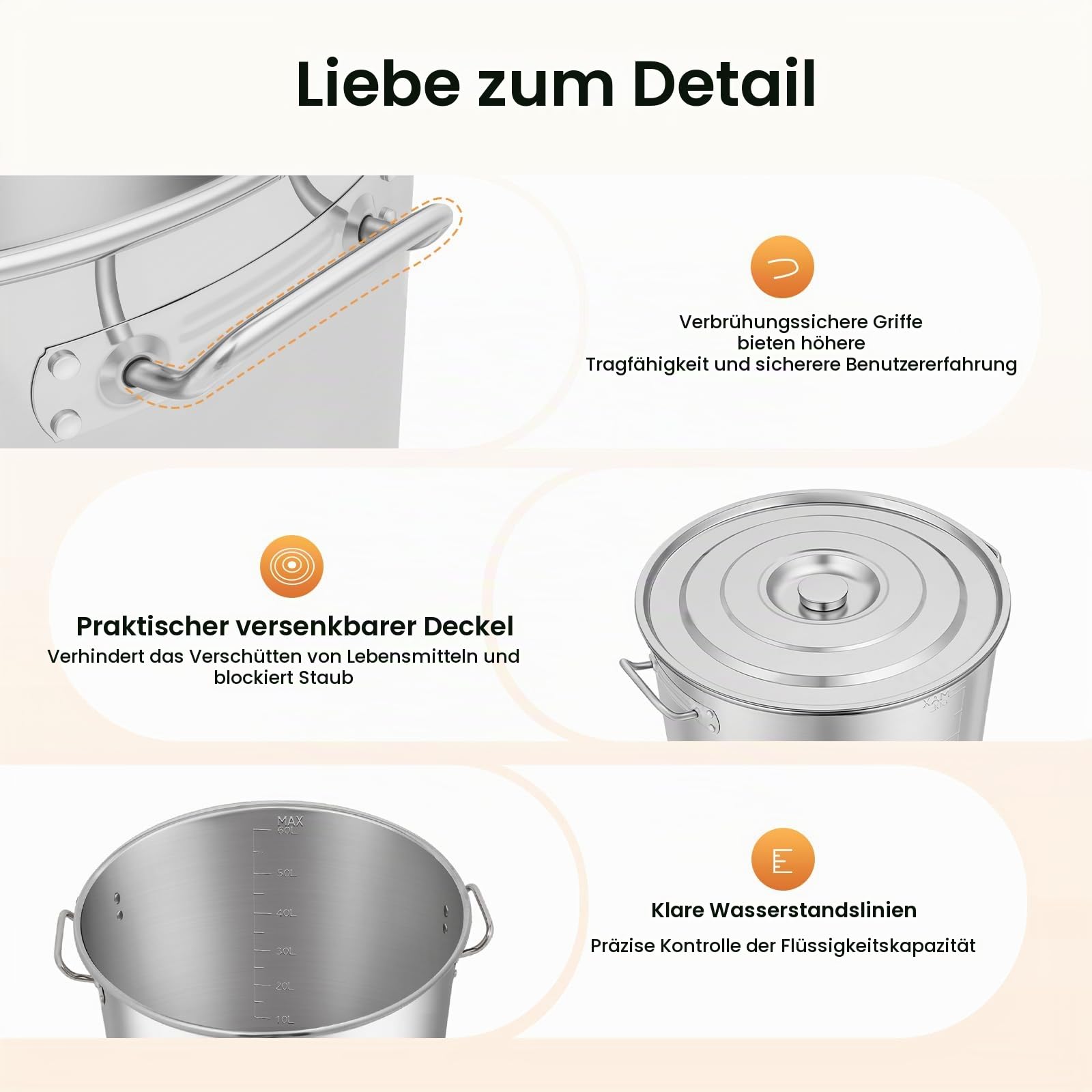35/50/70 Liter Gastronomie Kochtopf, Suppentopf Mit Edelstahl Deckel, Kochtopf Induktion Groß mit Griffen, für Gasherden, Elektroherden, Induktionsherden (70L)