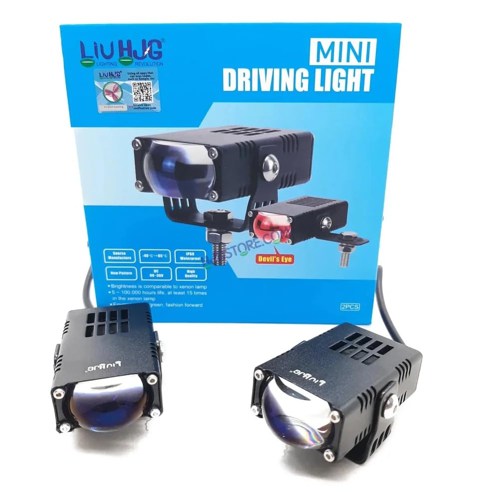 Image of HJG Waymaker LED Fog Light Dual Colour Fog Light Mini Drive Yellow White & Red Devil Eye Slim Drive Light Version 4 With Red Devil Eye And Wiring With Canbus Universal For All Cars and Motorcycles