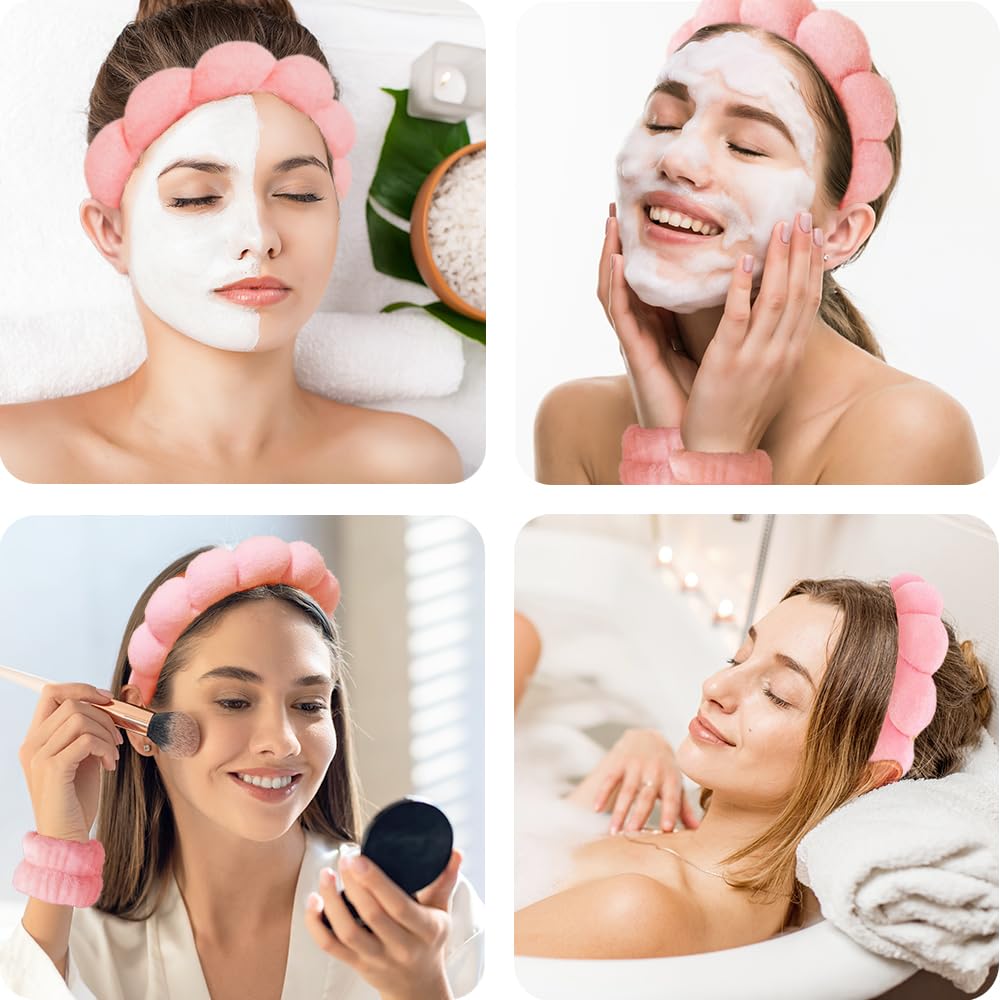 Opaski spa do mycia twarzy zestaw opaska na nadgarstek gąbka makijaż pielęgnacja skóry opaska na nadgarstek ręczniki bąbelkowe miękki ręcznik frotte tkanina opaska do włosów dla kobiet bufiaste
