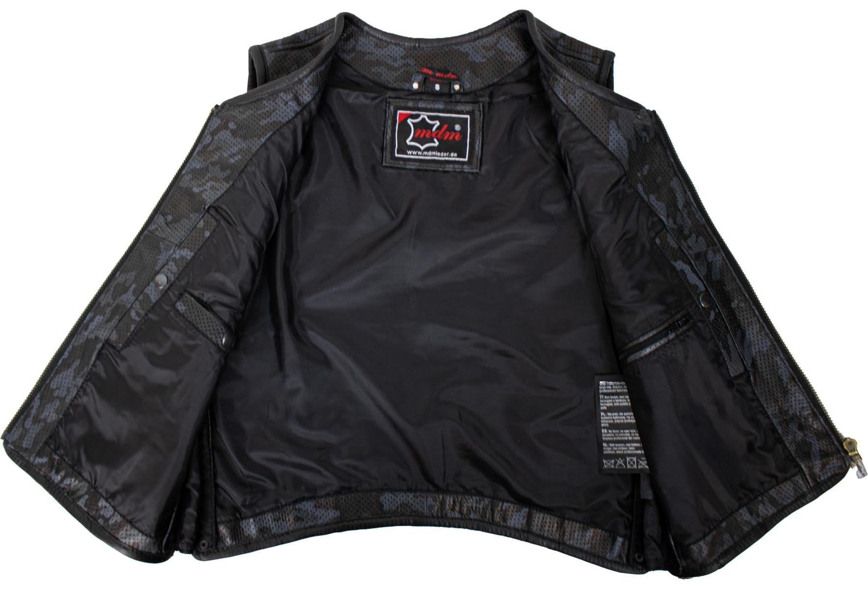 Chaleco de piel para hombre, diseño de camuflaje, color negro y gris, perforado, de auténtica piel de vacuno, ampliable mediante cremallera