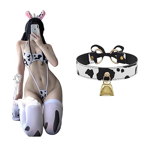 paloli Basic Cow Print Bell Collar Choker Necklace and Anime Cosplay Set for Women