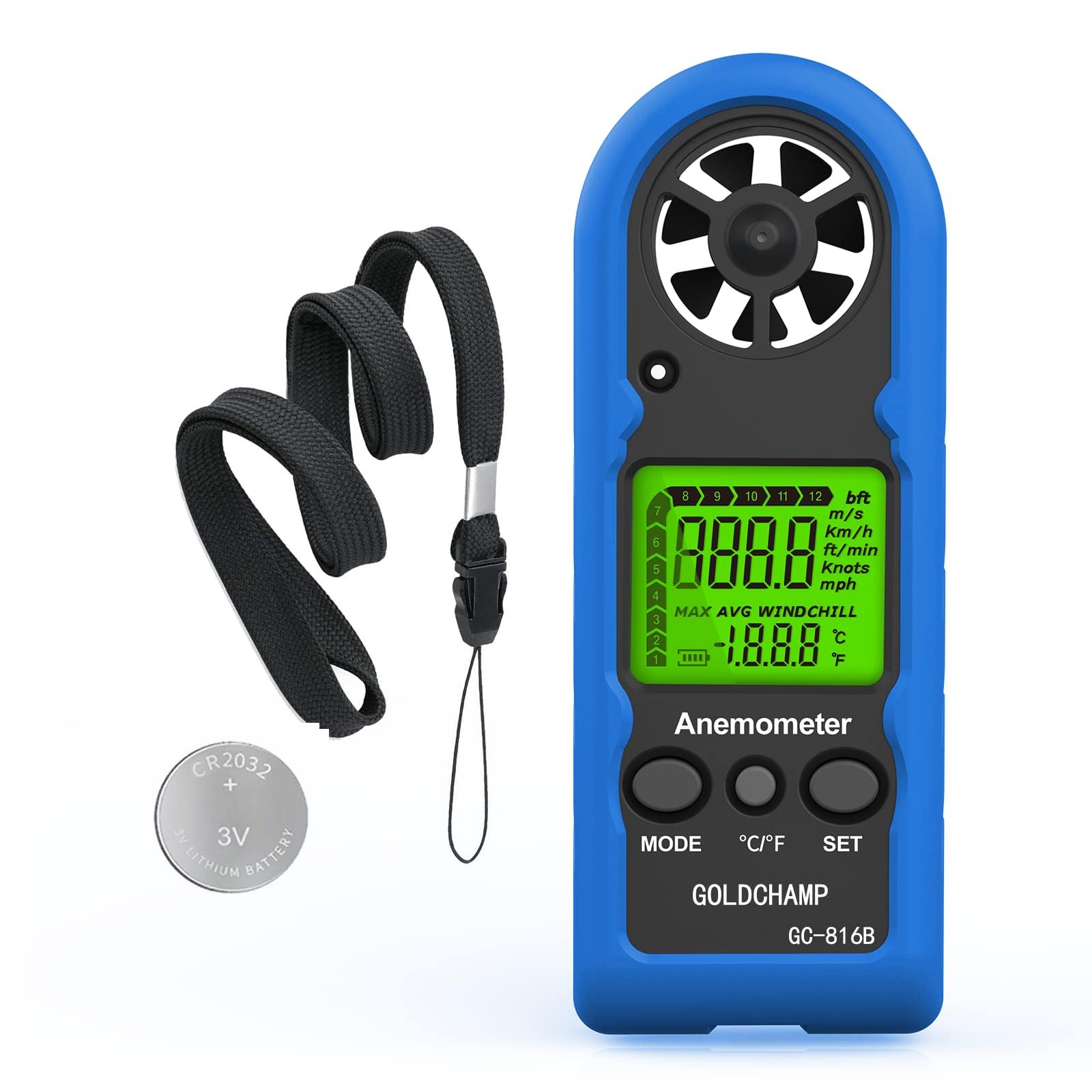 Anémomètre manuel, mini compteur de vitesse du vent numérique, mesure la température, max/moyen/actuel, indicateur de refroidissement éolien, rétroéclairage LCD HVAC et activités de plein air