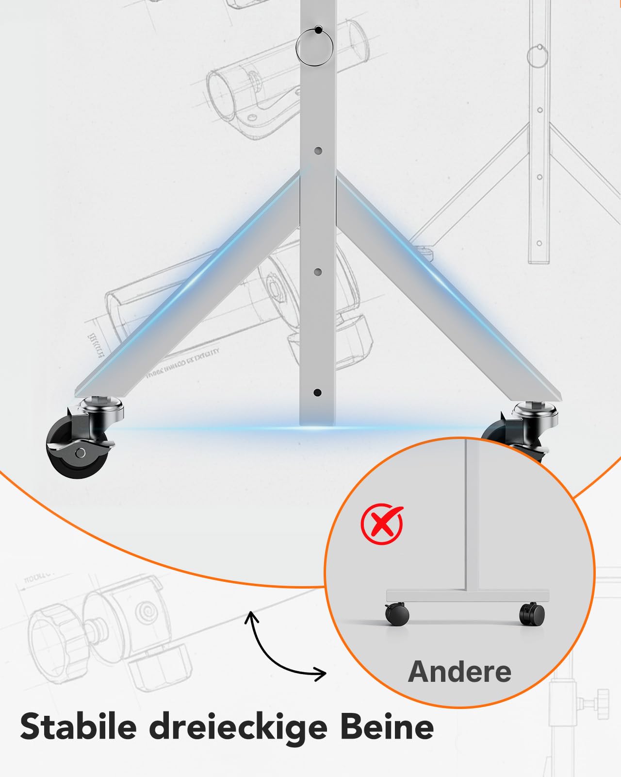 HUANUO Höhenverstellbarer Schreibtisch mit Rollen,6 Höheneinstellungen bis zu 118cm,mobiler Computertisch mit dreieckigen Beinen,sanfte Mobilität mit abschließbaren Rädern