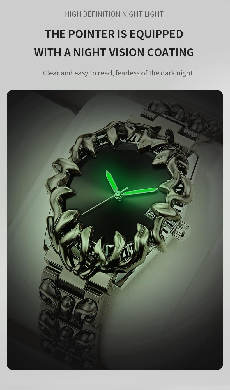 CARLIEN Gothic Claw Watch for Men – Unique Stainless Steel Wristwatch, Luminous Hands, Waterproof Quartz Movement, Futuristic Melting Style, Cool Red & Green Color Options