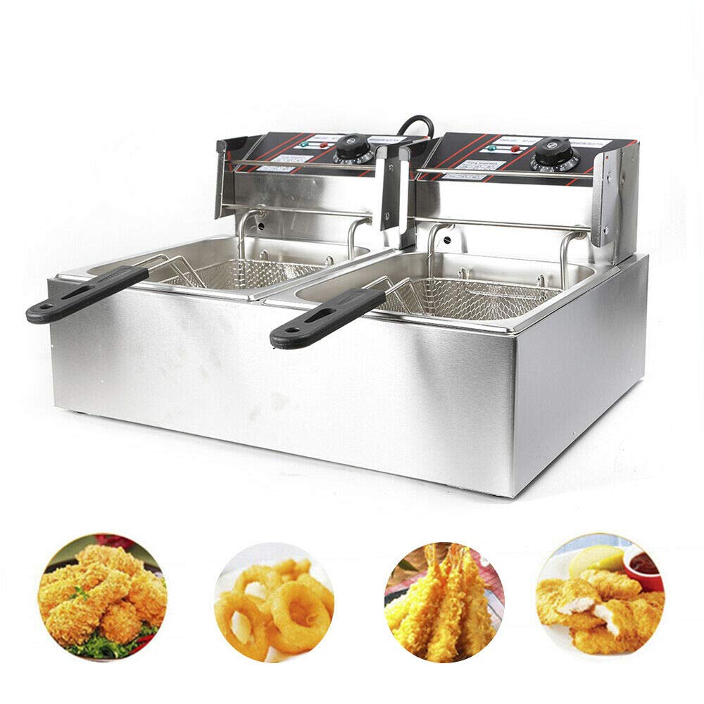 Friteuse Electrique Professionnelle 11 Litres, Friteuse Électrique à Double Réservoir avec Panier à Friture, Couvercle, Chauffage Rapide à des fins commerciales