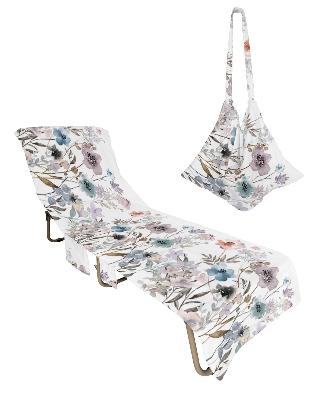 Spring Floral Beach Lounge Chair Towel Cover, Soft Chaise Lounge Towel with Side Pockets Patio Pool Chairs Cover for Beach/Pool Sunbathing 29x85 Summer Botanical Flowers Watercolor