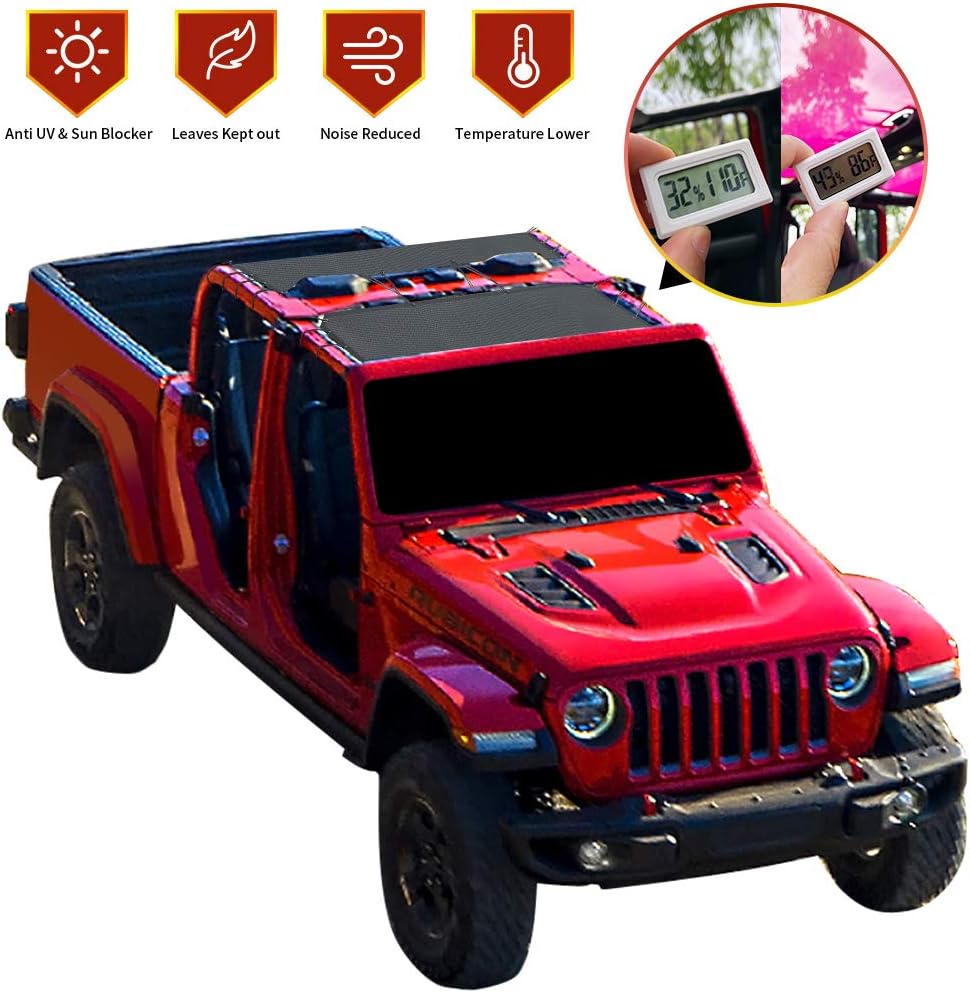 Shadeidea JT Sun Shade Top Sunshade Compatible with Jeep Gladiator Top Shade Mesh Screen Roof Cover (2018-2023)- Wind Noise UV Blocker with GrabBag Pouch -10 Year Warranty- Black -Front+Rear (2 Pcs)