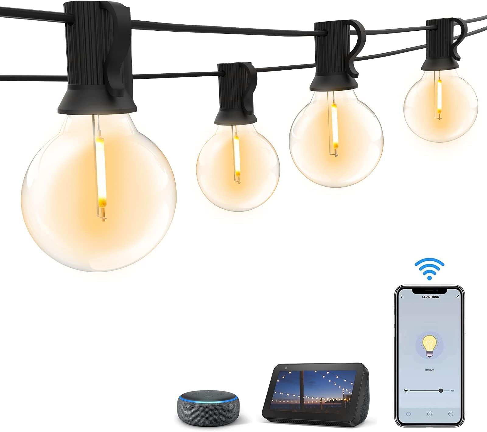 Outdoor String Lights 50Ft, Smart LED Garden String Lights Works with Alexa Google Home 2.4GHz Wi-Fi Bluetooth & App Control Festoon Lights with 25+1 Shatterproof Plastic Bulbs for Indoor Outdoor