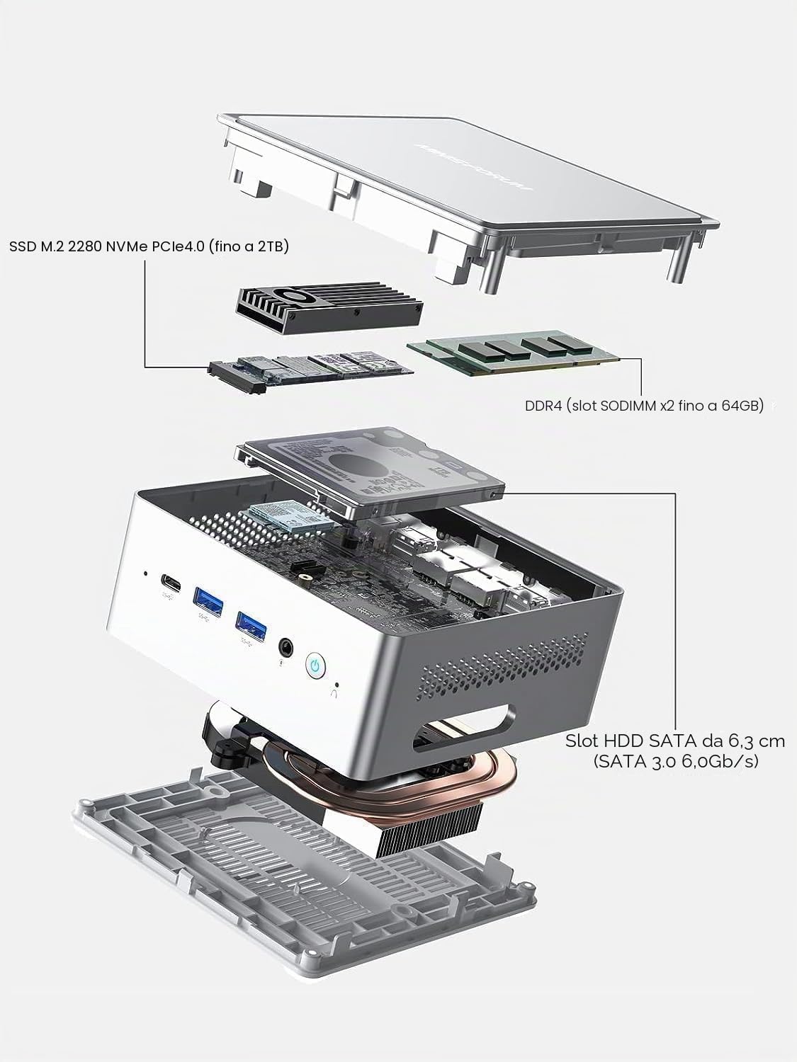 MINISFORUM NAB6 Lite Mini PC con Intel Core i5-12600H, 16 GB DDR4, SSD PCIe 4.0, 12 core/16 thread fino a 4,5 GHz, Dual 2,5 G, Wi-Fi 6, BT 5.2, 2 HDMI, 7 USB