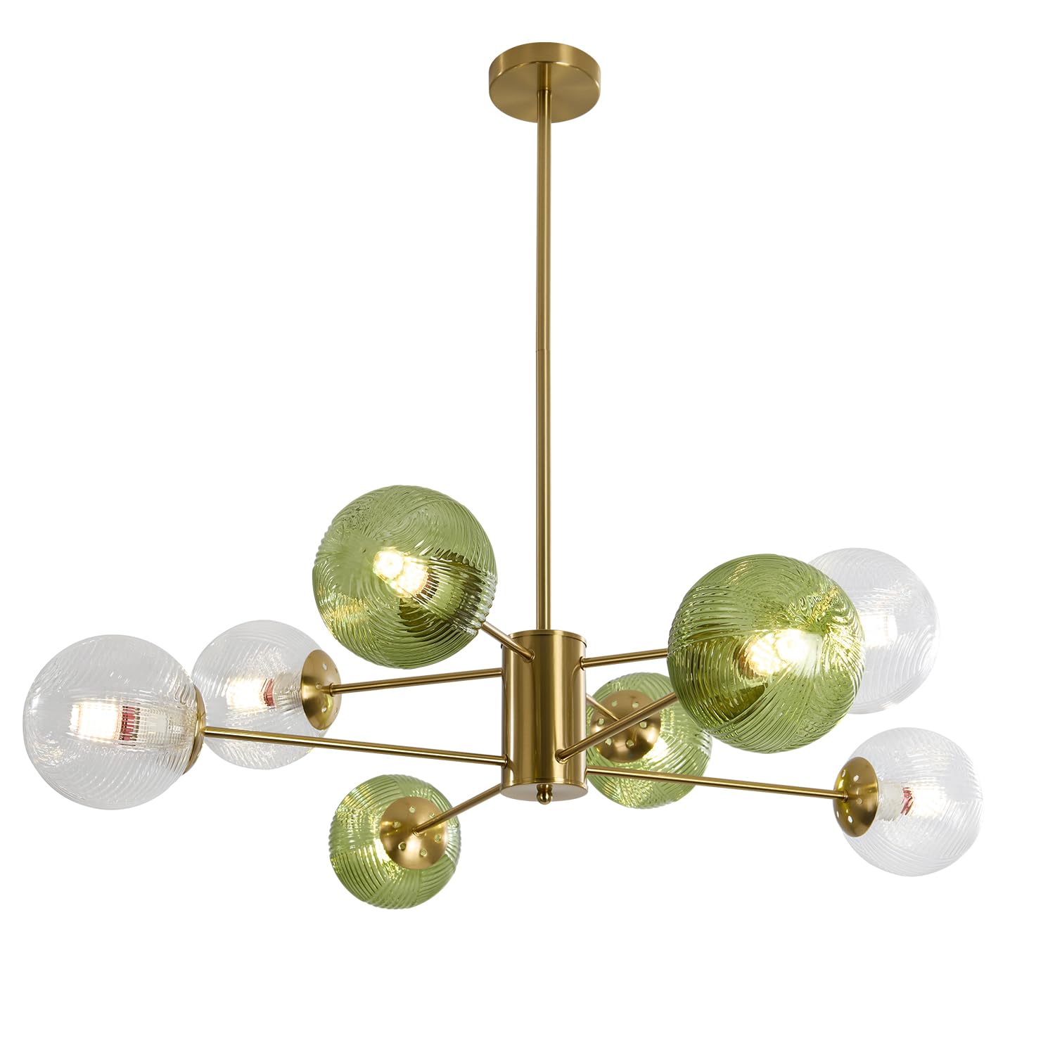 KXEcoLife Mid-Century Modern 8-Light Brass Flush Mount Chandelier - Clear Bubble Glass & Green Globe Design Elegant Pendant Light Fixture for Kitchen Island Dining Room