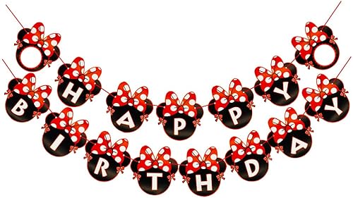 CHuangQi Cartel de fiesta temática de Minnie, pancarta de letras de feliz cumpleaños, lazo rojo con tarjeta de lunares, suministros y decoración
