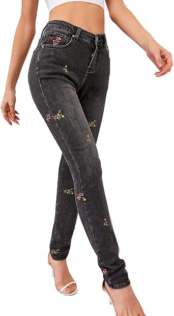 Pantalones de mujer con bordado de flores y vaqueros deslavados en lápiz,  leggings ajustados en vaqueros, talla normal: Amazon.es: Ropa