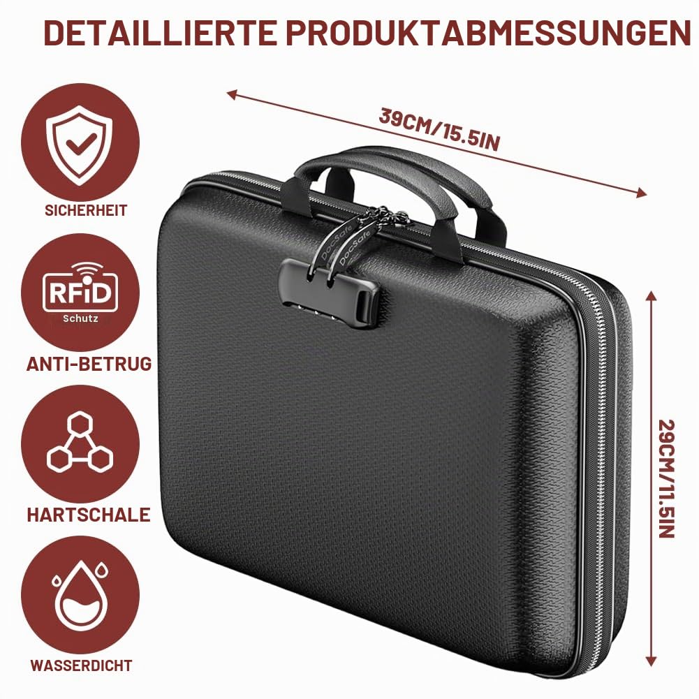Feuerfeste Dokumententasche Aktenkoffer mit Schloss, 13 Fächer Feuerfeste Aufbewahrungsbox, Tragbare Hartschale Dokumentenbox Aktenorganizer