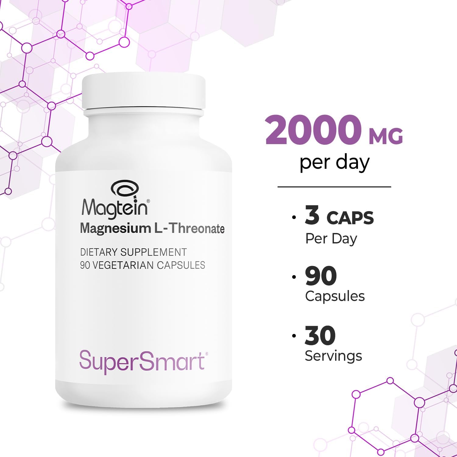 SuperSmart Magnesium L-Threonate 2000mg per Day (Patented Magtein) - Highly Bioavailable Magnesium Threonate - Brain Supplement | Non-GMO & Gluten Free - 120 Vegetarian Capsules