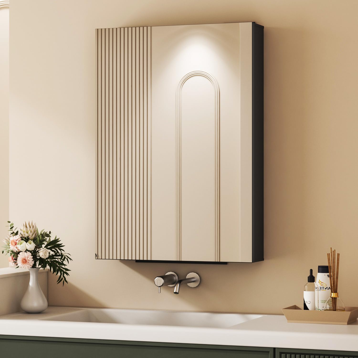 Spiegelschrank,40x60x12,5cm Badezimmer Spiegelschrank,Wandaufbewahrung mit Spiegel mit Verstellbare Glasablage,Rechteck mit Rechten Winkeln