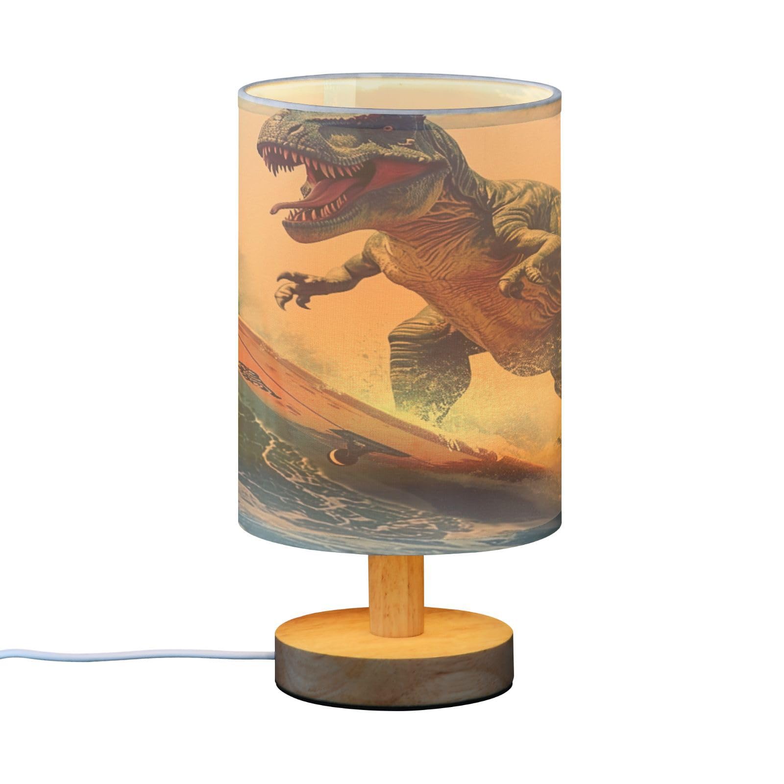 SDMKA Dinosaur on Surfboard Bedside Table Lamp for Bedroom, Minimalist Nightstand Lamp with Round Fabric Shade for Living Room, Office, No Bulb Required