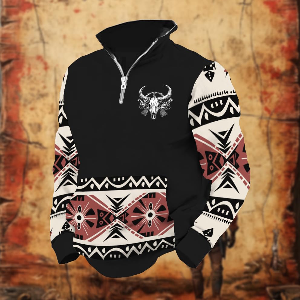 LOAIHA Native American Mens Sweatshirt Aztec Jacket Hoodies for Men Long Sleeve 1/4 Zip Western Pullover Cowboys Jacket2