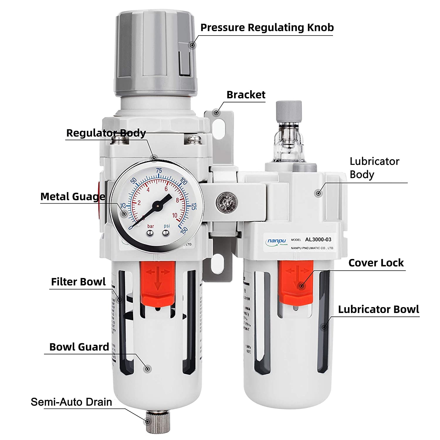 NANPU 3/8" NPT Air Filter Regulator Lubricator Combo, Water Separator — Amazon image 2