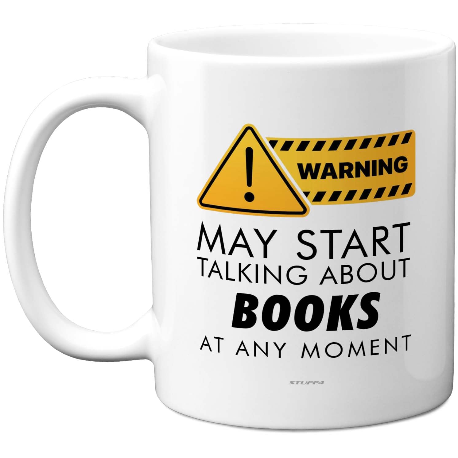 Stuff4 Warning Book Lover Mug, Bold Yellow Sign with Humorous Slogan