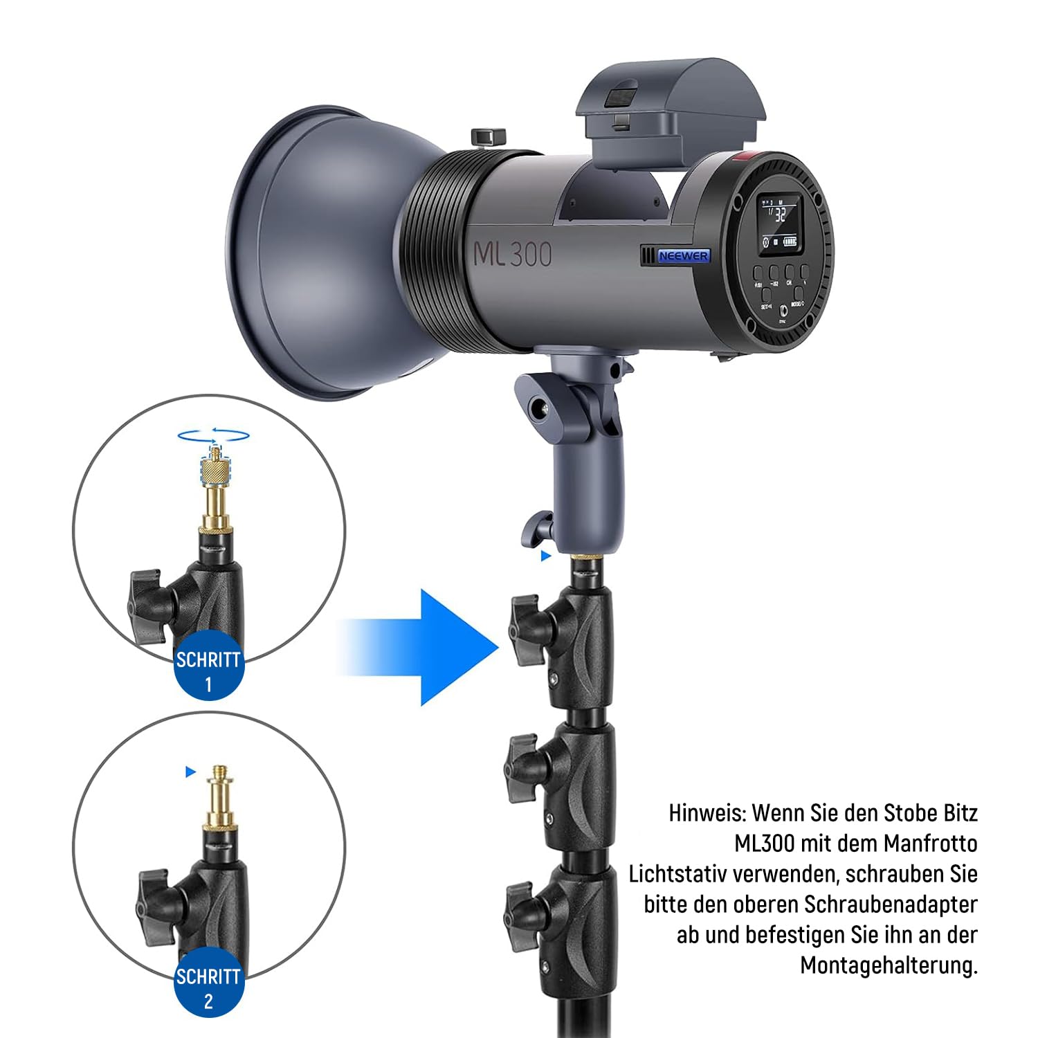 NEEWER ML300 300W GN60 im Freien Studioblitz-Li-Ion-Batteriebetriebenes Monolight mit 2,4GHz Funkauslöser, 1000 Blitzen mit voller Leistung, 0,4-2,5s Ladezeit, Bowens-Halterung, 2er-Pack Li-on-Akku