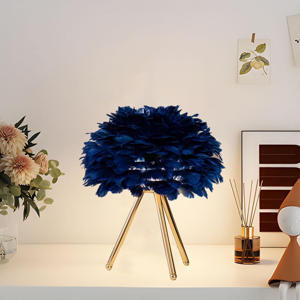 Mengjay Lampada da Comodino,Lampada da Tavolo con Piume Paralume,Abat Jour da Comodino Camera da Letto,E27 Lampada da Scrivania Moderna Luce da Lettura per Soggiorno (Blu)