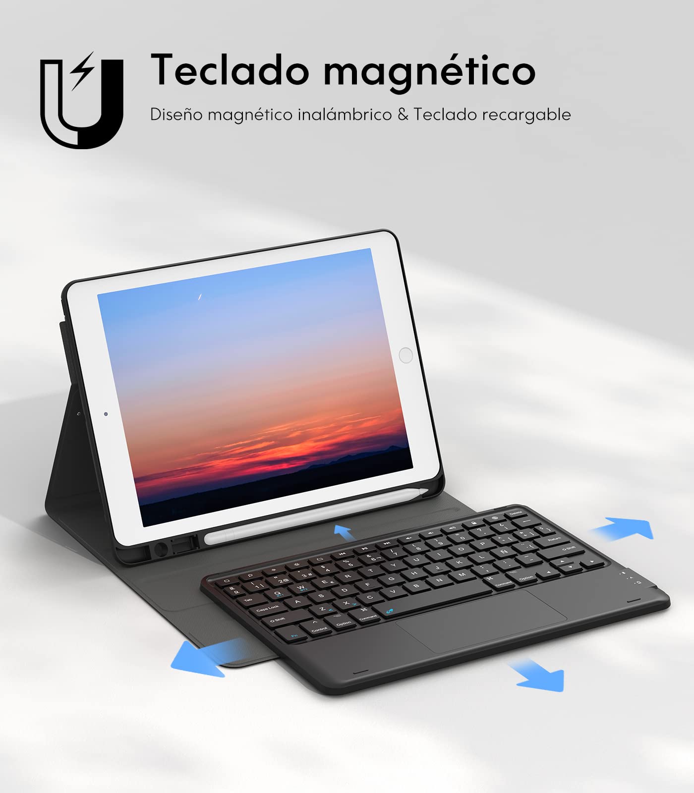 Earto Funda con Teclado para iPad de 10.2" 9ª/8ª/7ª generación (2021/2020/2019), 2 Canales Bluetooth, Teclado Desmontable Bluetooth, Teclado Español con Touchpad Inteligente(tecla Ñ), Negro