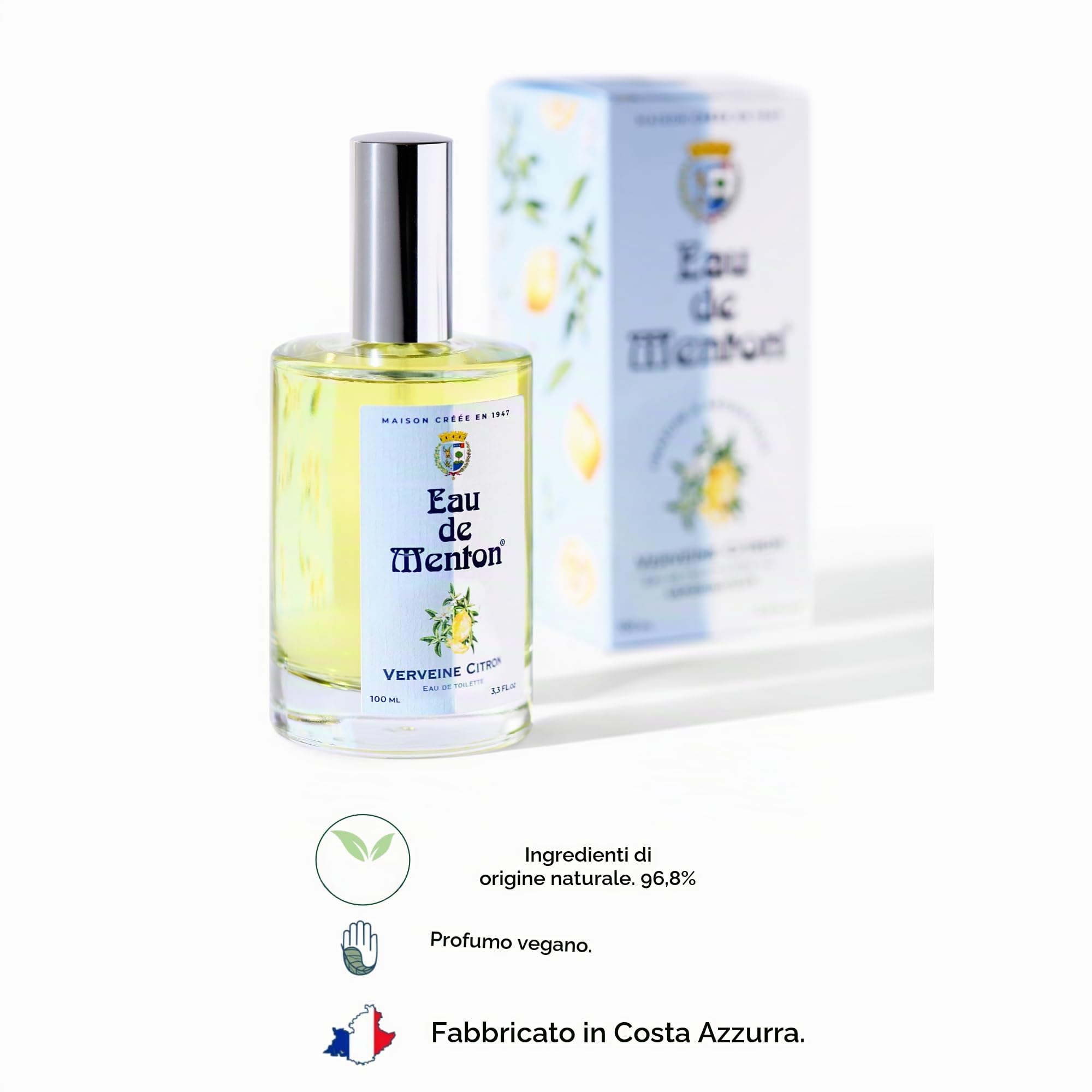 Eau de Menton Verbene-Limone - Eau de Toilette Limone e Aromatico - Fragranza fresca e naturale per donne e uomini - Fragranze vegetali e agrumi - Fabbricazione artigianale francese - 100 ml