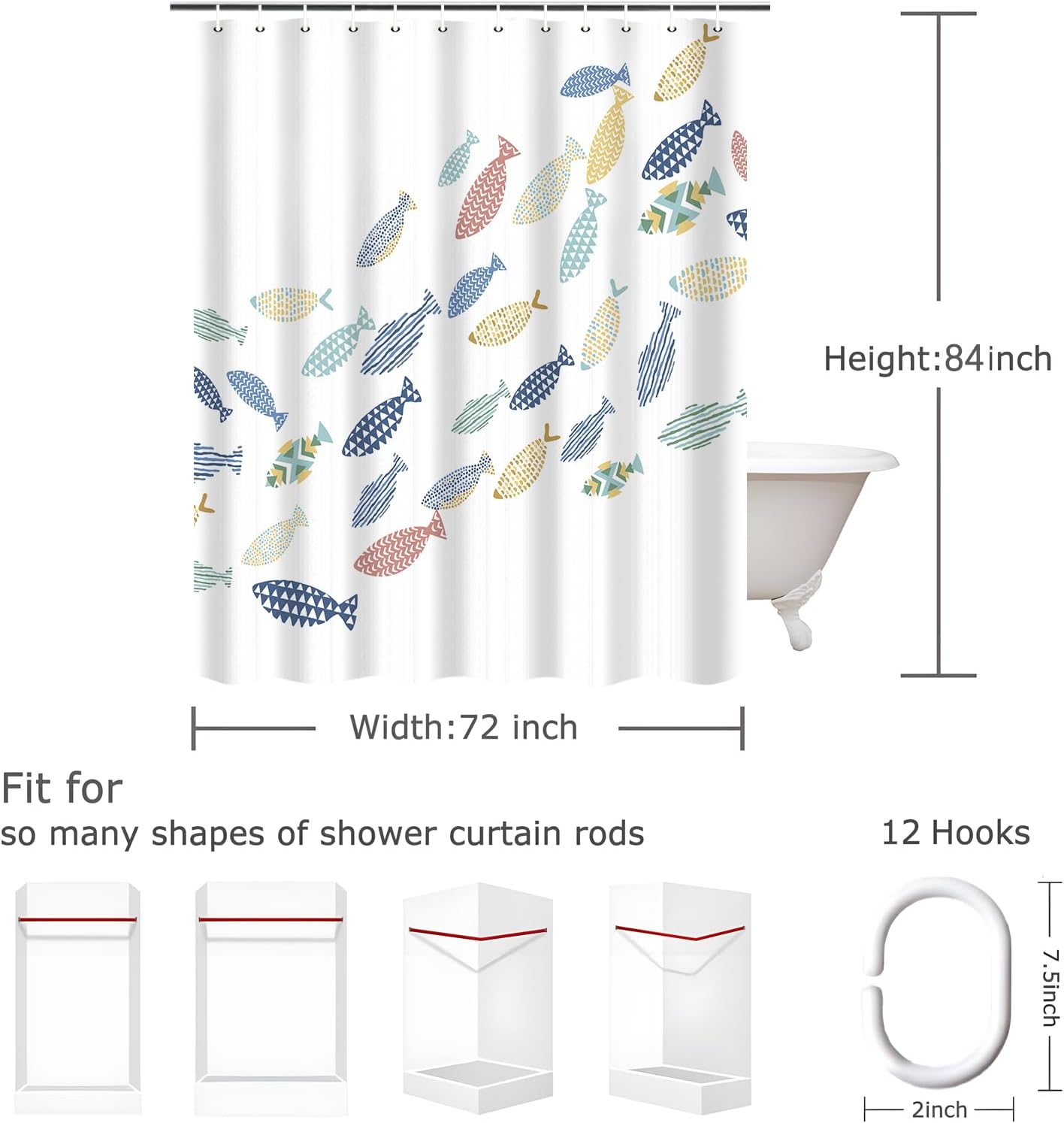 Colorful Fish Shower Curtain, Ocean Swiming Fishes Cartoon White Minimalist Shower Curtains Decor for Bathroom Set, Washable Fabric Cloth Waterproof with 12 Hooks, 72x84 Inch