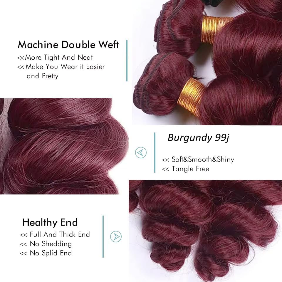 26 28 30 inch Burgundy Bundles #99J Loose Wave Bundles Human Hair Unprocessed Virgin Wine Red Human Hair Extensions Total 150g image 4