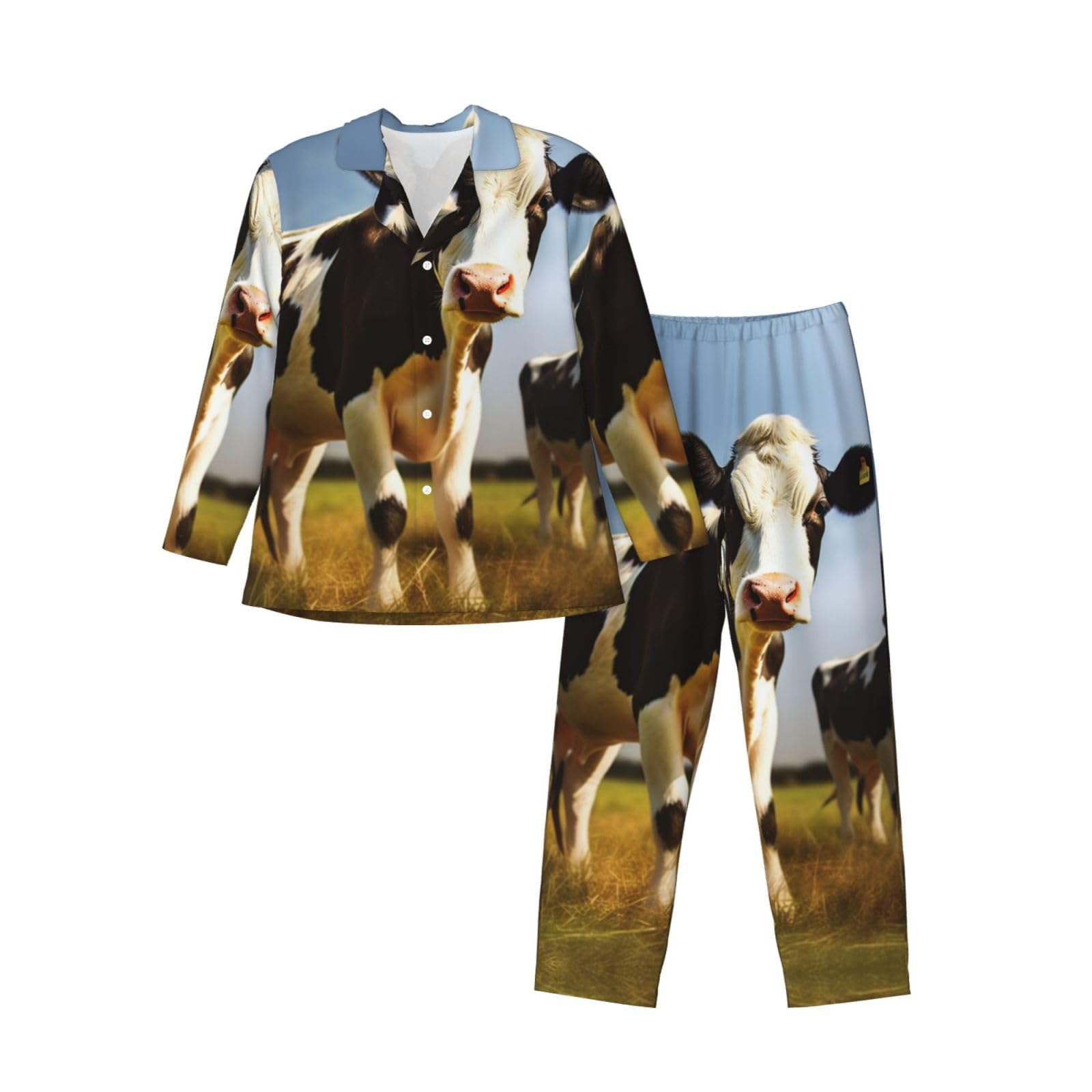 Cute Cow Men'S Long-Sleeved Pajama Set Loungewear Leisure Loose Nighttime Sleep Relax Black