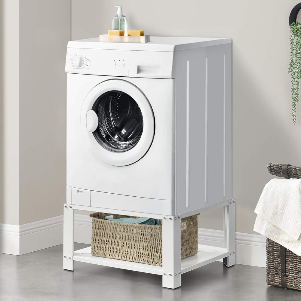 Supporto per Lavatrice e Asciugatrice con Ripiano, Base per Elettrodomestici in Acciaio Capacità 150kg, Basamento con Piedini in Gomma Antiscivolo, Rialzo con Mensola Bianco 31 x 63 x 54 cm