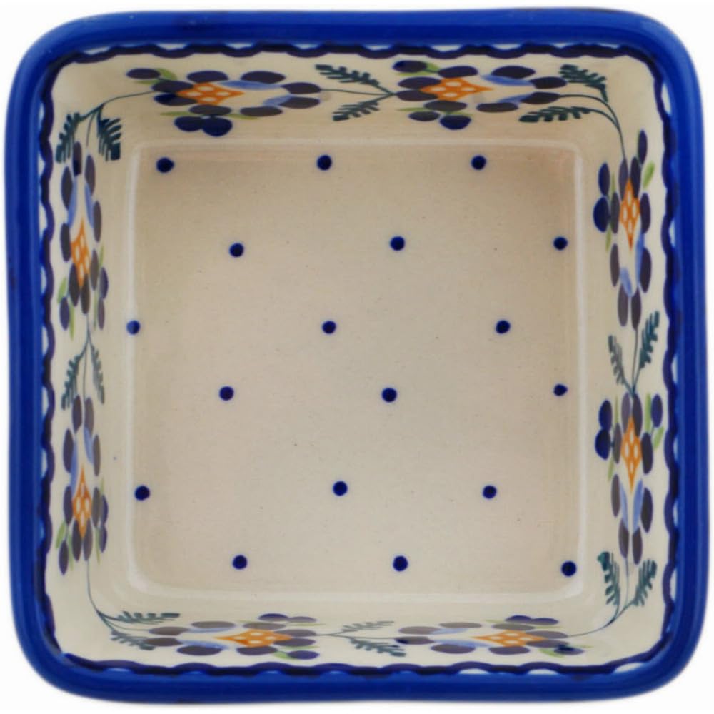 Authentic Polish Pottery Square Bowl 4-inch in Orange And Blue Flower Design Handmade in Boles?awiec Poland + Certificate of Authenticity