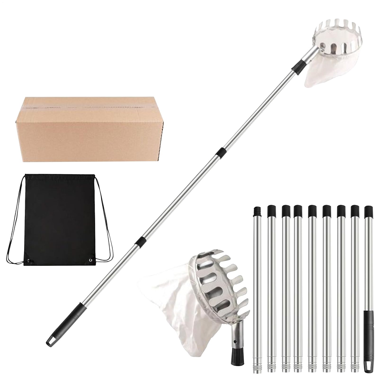 Cueille-fruits télescopique argent avec panier de récolte pour le jardin