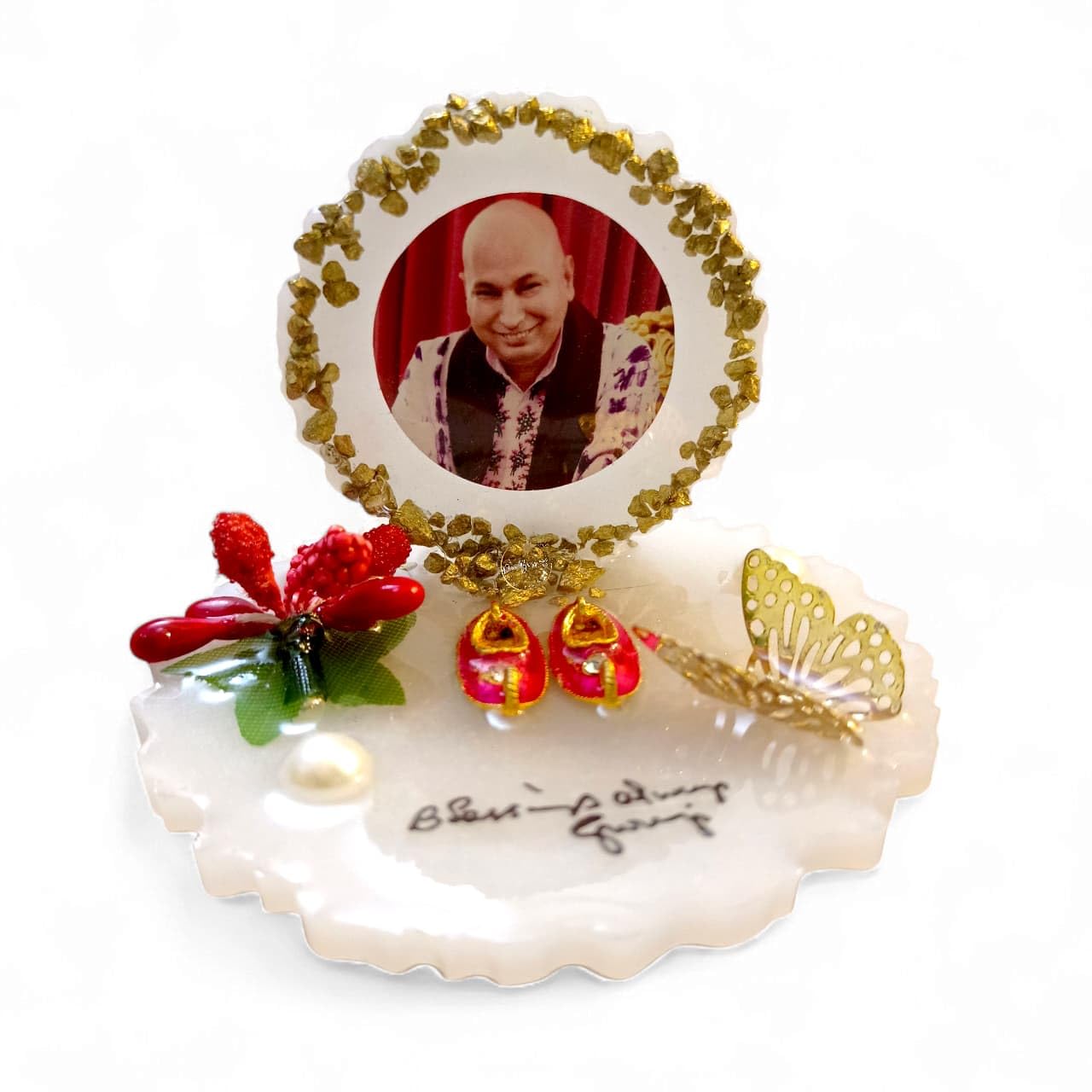 Pure Blessings Gifting Latest Jai guru ji mini Resin darbar for Car Dashboard, Home, Office Temple | 3inch | White & Gold | with Jutti, Flowers & Butterfly | 1pc-image-24