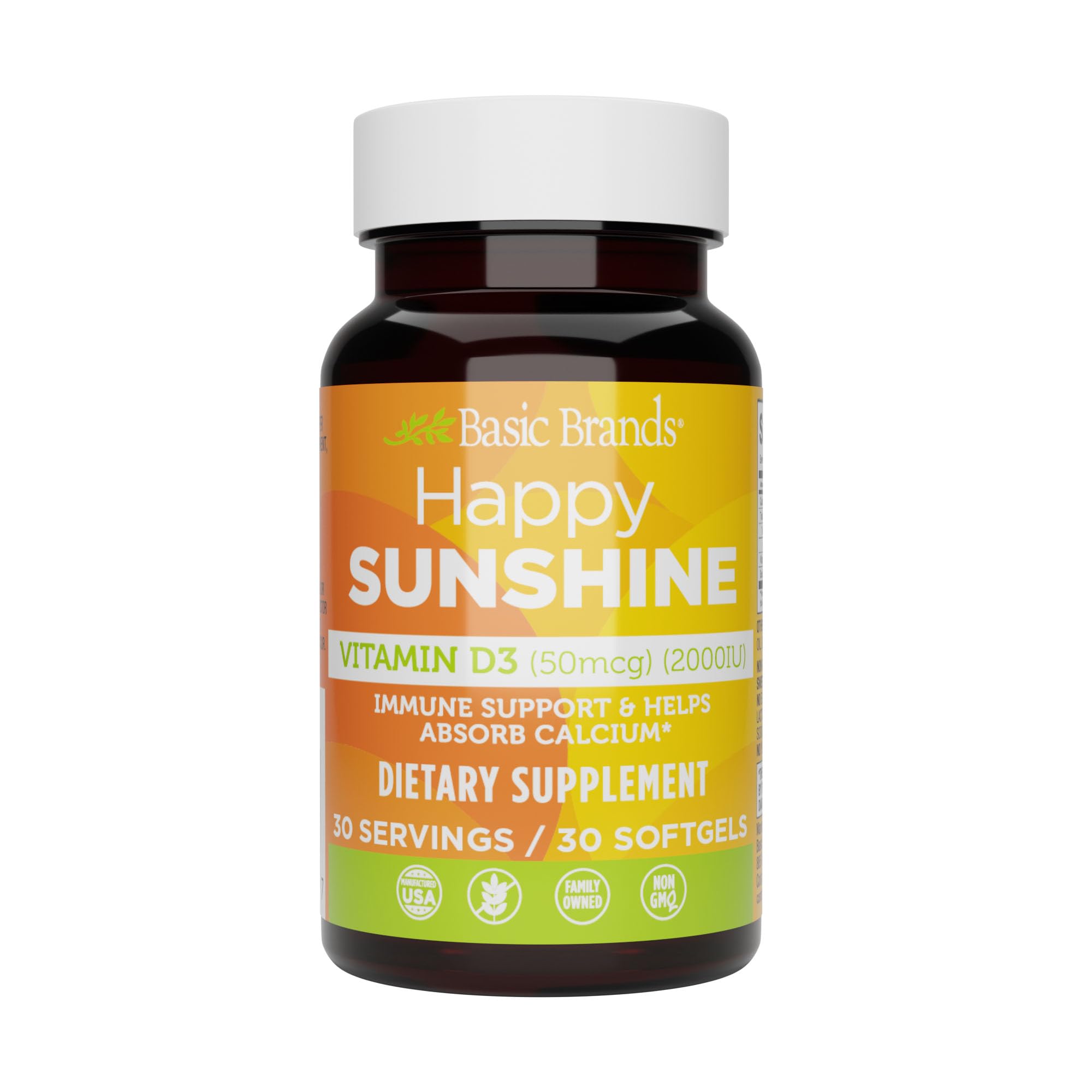 Basic Brands Happy Sunshine Vitamin D3 2000IU 30 Count